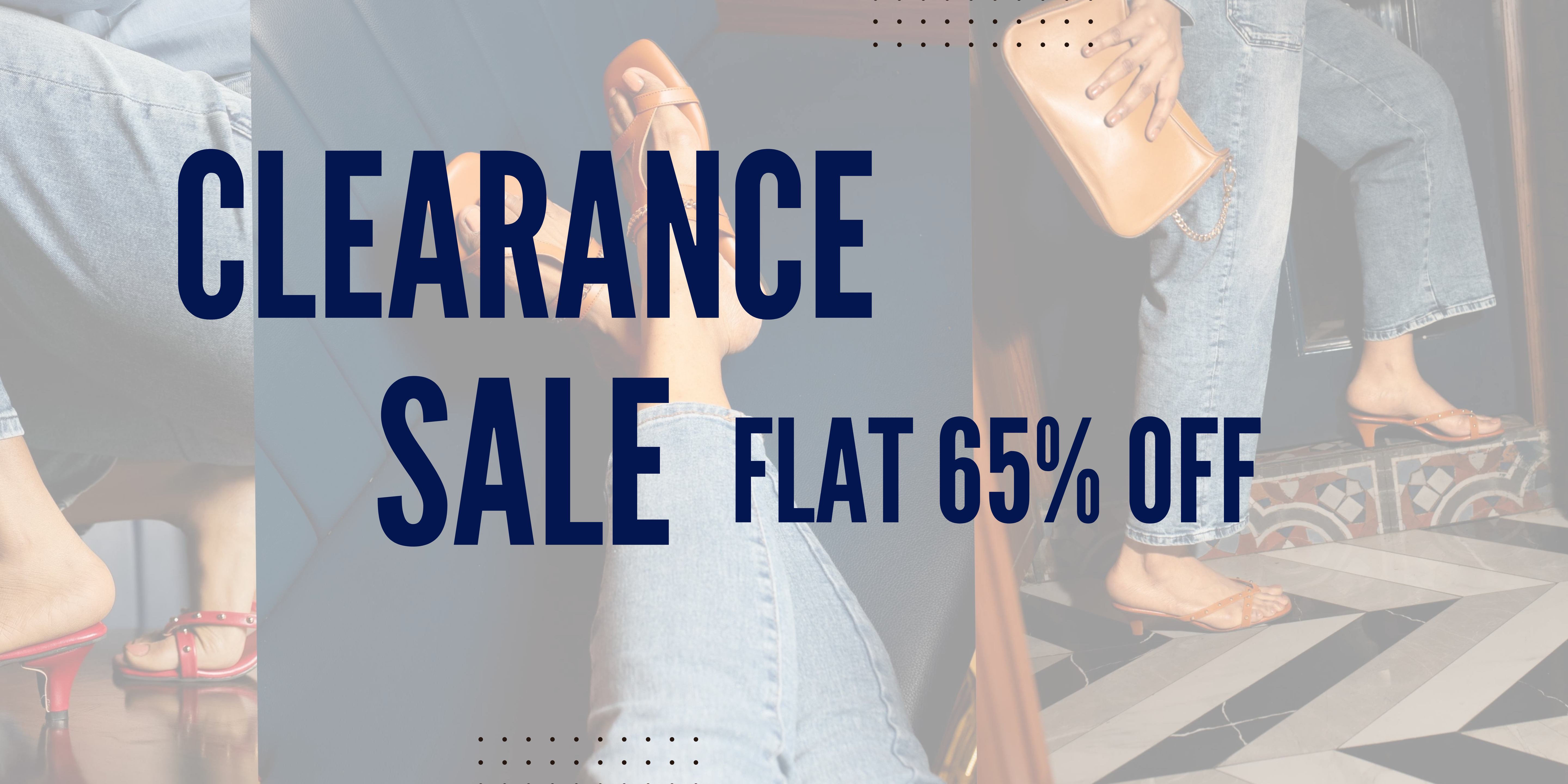 Promotional sale graphic with large text reading 'CLEARANCE SALE FLAT 65% OFF' over a faded photo of people wearing jeans and holding shoes.